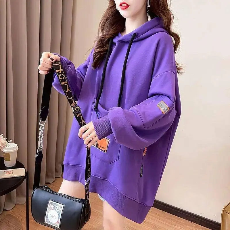 Large Size 200 Pounds Medium Long Hooded Sweatshirt Women's Thin 2025 New Spring Korean Version Loose Top Jacket Ins Trend - Tophatter Daily Deals