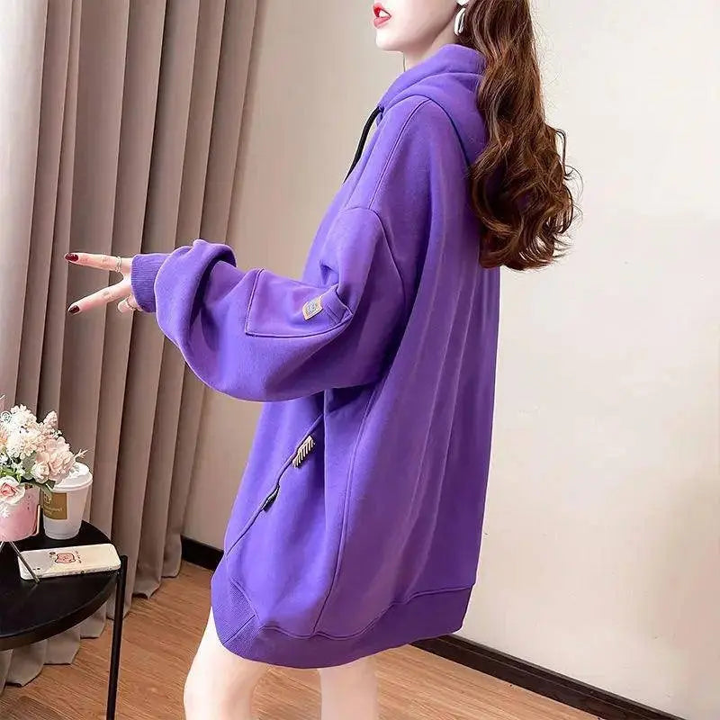 Large Size 200 Pounds Medium Long Hooded Sweatshirt Women's Thin 2025 New Spring Korean Version Loose Top Jacket Ins Trend - Tophatter Daily Deals