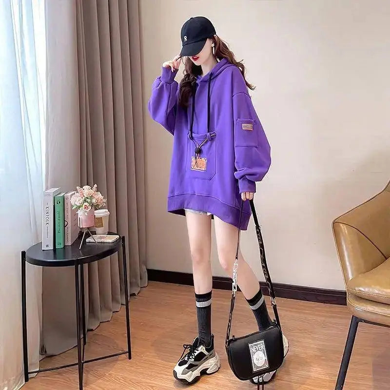 Large Size 200 Pounds Medium Long Hooded Sweatshirt Women's Thin 2025 New Spring Korean Version Loose Top Jacket Ins Trend - Tophatter Daily Deals