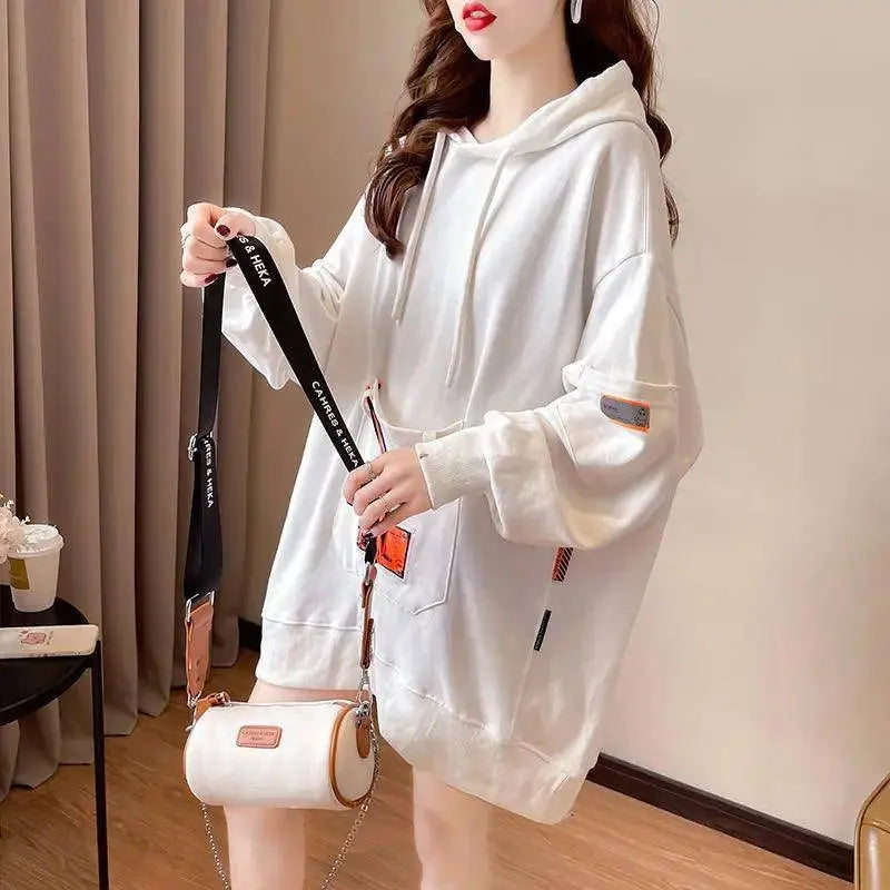 Large Size 200 Pounds Medium Long Hooded Sweatshirt Women's Thin 2025 New Spring Korean Version Loose Top Jacket Ins Trend - Tophatter Daily Deals