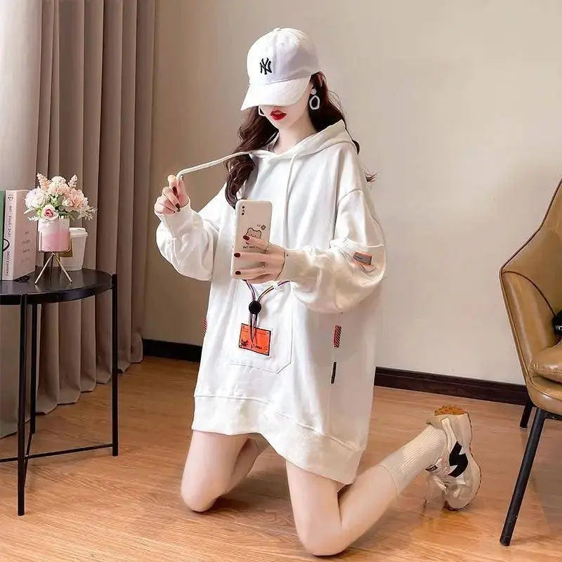 Large Size 200 Pounds Medium Long Hooded Sweatshirt Women's Thin 2025 New Spring Korean Version Loose Top Jacket Ins Trend - Tophatter Daily Deals