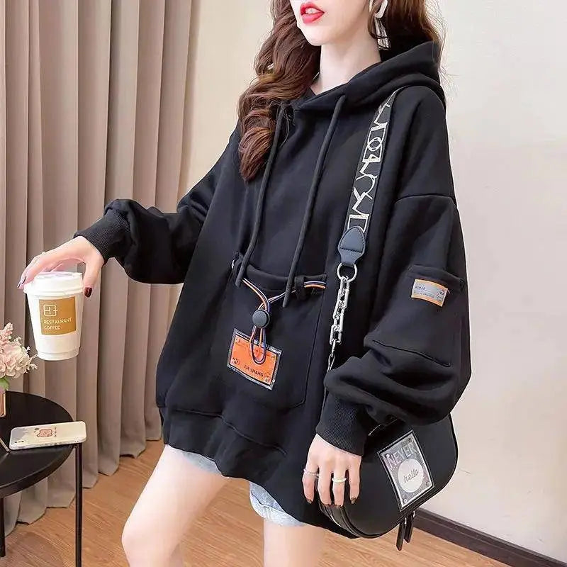 Large Size 200 Pounds Medium Long Hooded Sweatshirt Women's Thin 2025 New Spring Korean Version Loose Top Jacket Ins Trend - Tophatter Daily Deals
