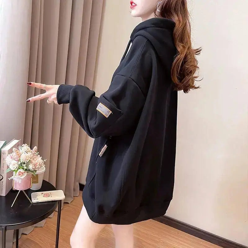 Large Size 200 Pounds Medium Long Hooded Sweatshirt Women's Thin 2025 New Spring Korean Version Loose Top Jacket Ins Trend - Tophatter Daily Deals