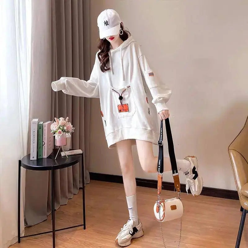 Large Size 200 Pounds Medium Long Hooded Sweatshirt Women's Thin 2025 New Spring Korean Version Loose Top Jacket Ins Trend - Tophatter Daily Deals