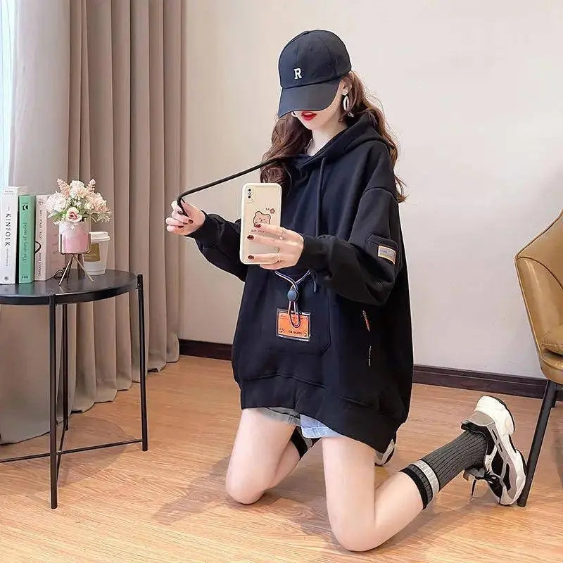 Large Size 200 Pounds Medium Long Hooded Sweatshirt Women's Thin 2025 New Spring Korean Version Loose Top Jacket Ins Trend - Tophatter Daily Deals