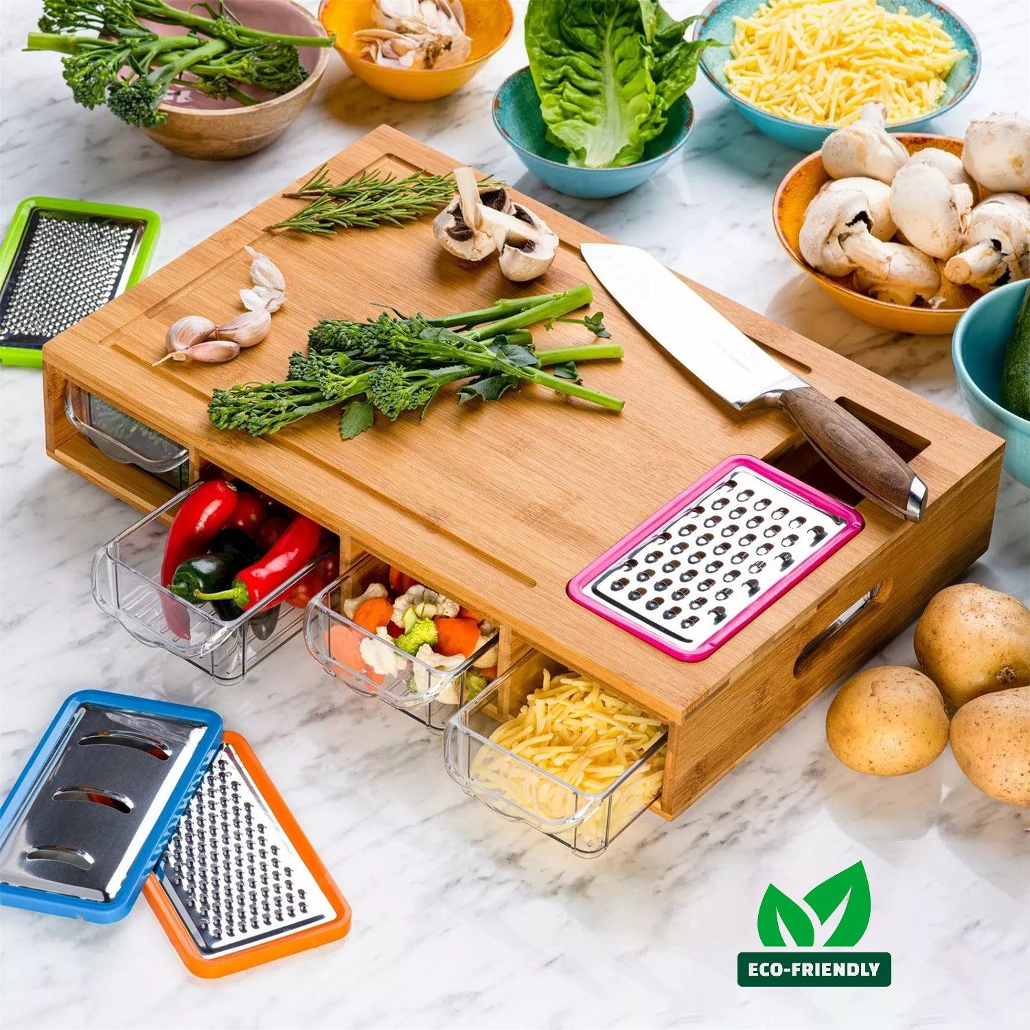 Wooden Chopping Board - Large Bamboo Wood Chopping Board With 4 BPA Free Plastic Drawers Cutting Boards Home - Tophatter Daily Deals