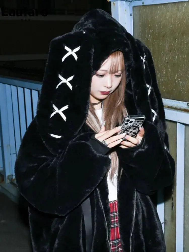 Lautaro Autumn Oversized Sweet Cute Soft Purple Black Faux Fur Coat Women with Bunny Ears Kawaii Loose Fluffy Jacket Hoodie 2025 - Tophatter Daily Deals