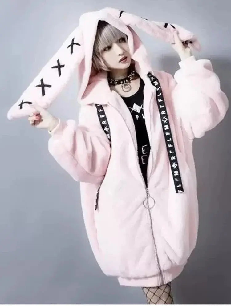 Lautaro Autumn Oversized Sweet Cute Soft Purple Black Faux Fur Coat Women with Bunny Ears Kawaii Loose Fluffy Jacket Hoodie 2025 - Tophatter Daily Deals