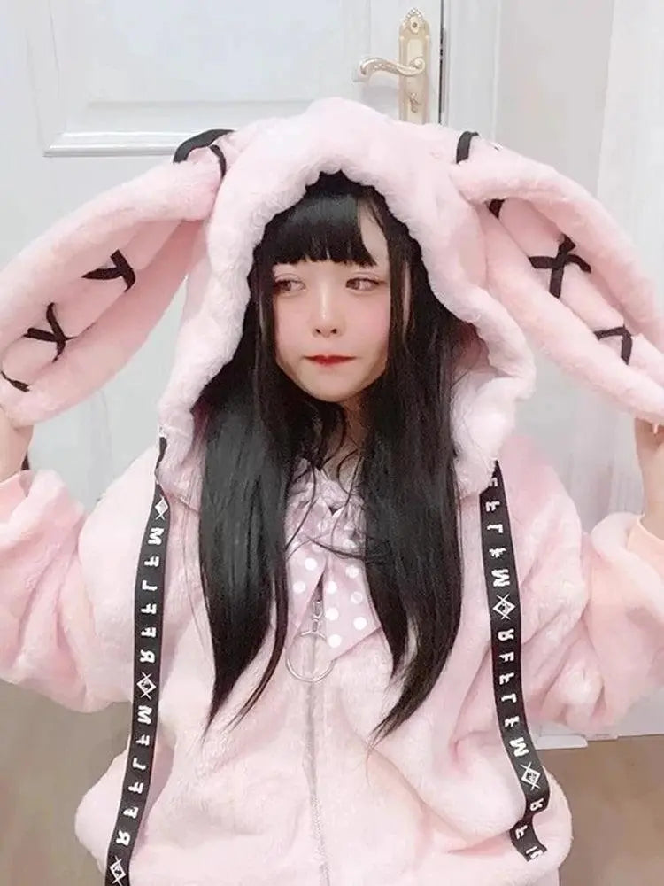 Lautaro Autumn Oversized Sweet Cute Soft Purple Black Faux Fur Coat Women with Bunny Ears Kawaii Loose Fluffy Jacket Hoodie 2025 - Tophatter Daily Deals
