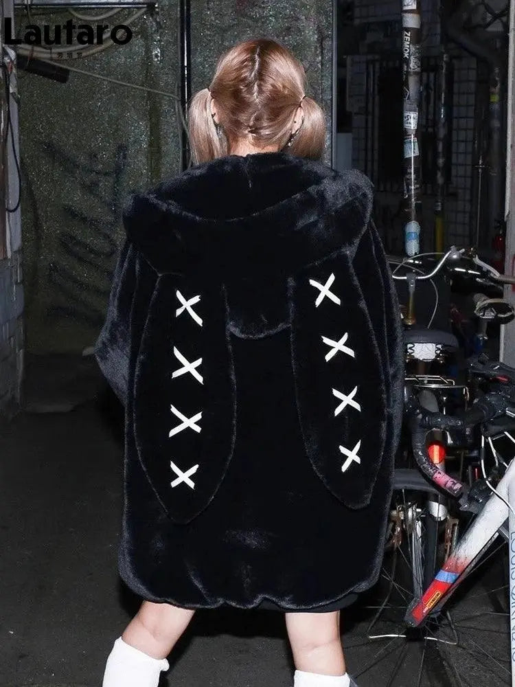 Lautaro Autumn Oversized Sweet Cute Soft Purple Black Faux Fur Coat Women with Bunny Ears Kawaii Loose Fluffy Jacket Hoodie 2025 - Tophatter Daily Deals
