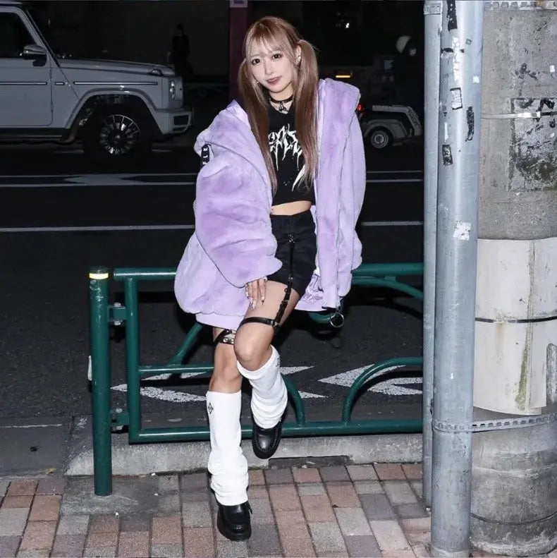 Lautaro Autumn Oversized Sweet Cute Soft Purple Black Faux Fur Coat Women with Bunny Ears Kawaii Loose Fluffy Jacket Hoodie 2025 - Tophatter Daily Deals