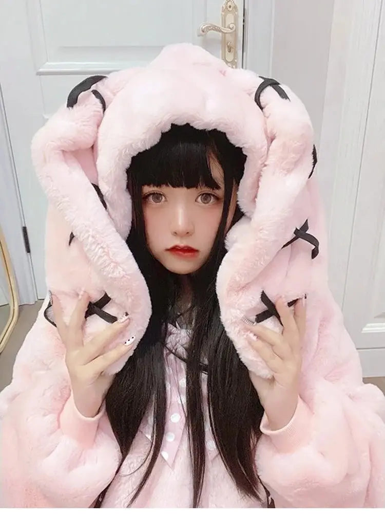 Lautaro Autumn Oversized Sweet Cute Soft Purple Black Faux Fur Coat Women with Bunny Ears Kawaii Loose Fluffy Jacket Hoodie 2025 - Tophatter Daily Deals