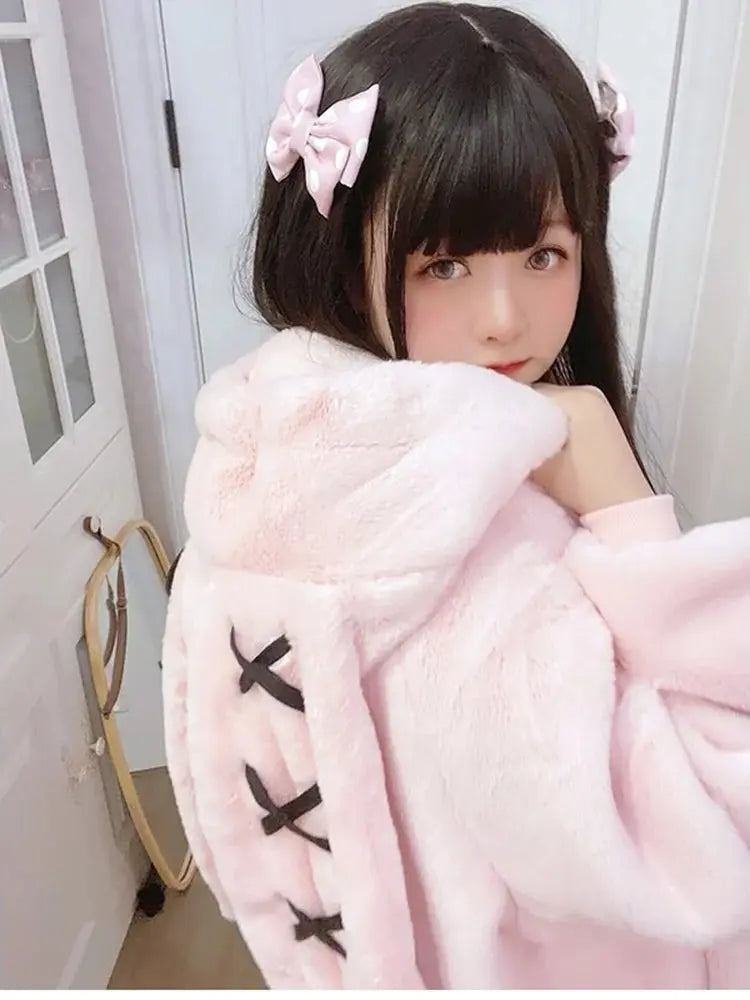 Lautaro Autumn Oversized Sweet Cute Soft Purple Black Faux Fur Coat Women with Bunny Ears Kawaii Loose Fluffy Jacket Hoodie 2025 - Tophatter Daily Deals