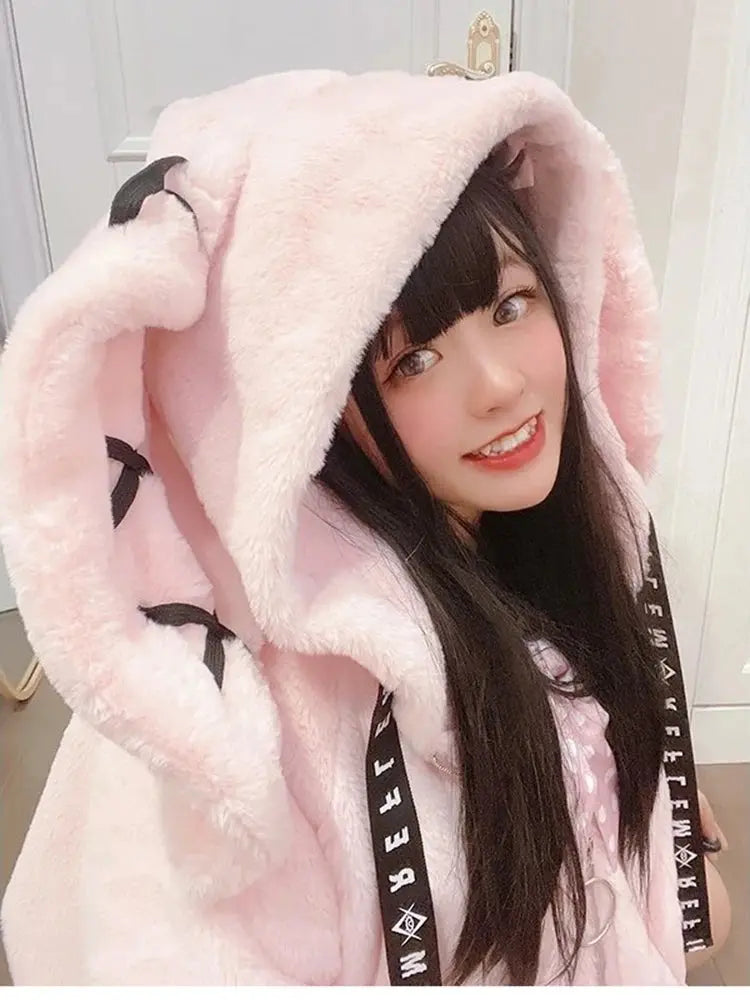 Lautaro Autumn Oversized Sweet Cute Soft Purple Black Faux Fur Coat Women with Bunny Ears Kawaii Loose Fluffy Jacket Hoodie 2025 - Tophatter Daily Deals