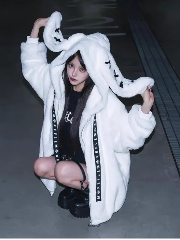 Lautaro Autumn Oversized Sweet Cute Soft Purple Black Faux Fur Coat Women with Bunny Ears Kawaii Loose Fluffy Jacket Hoodie 2025 - Tophatter Daily Deals