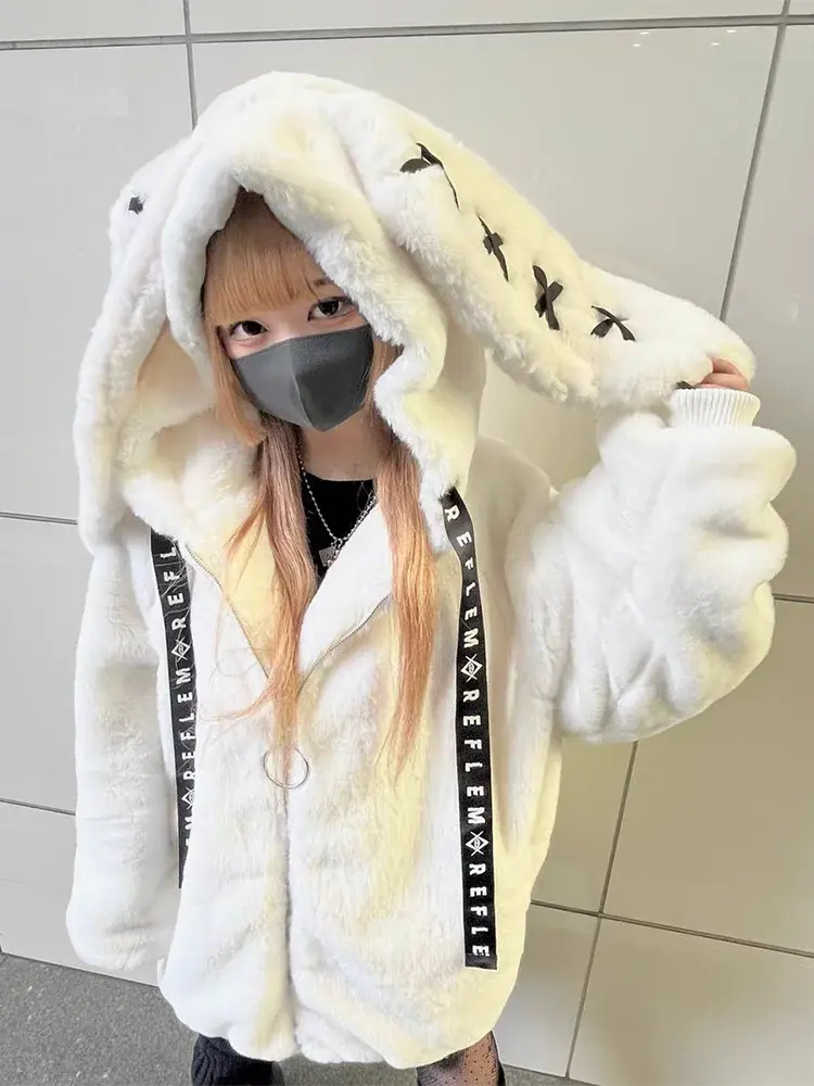 Lautaro Autumn Oversized Sweet Cute Soft Purple Black Faux Fur Coat Women with Bunny Ears Kawaii Loose Fluffy Jacket Hoodie 2025 - Tophatter Daily Deals