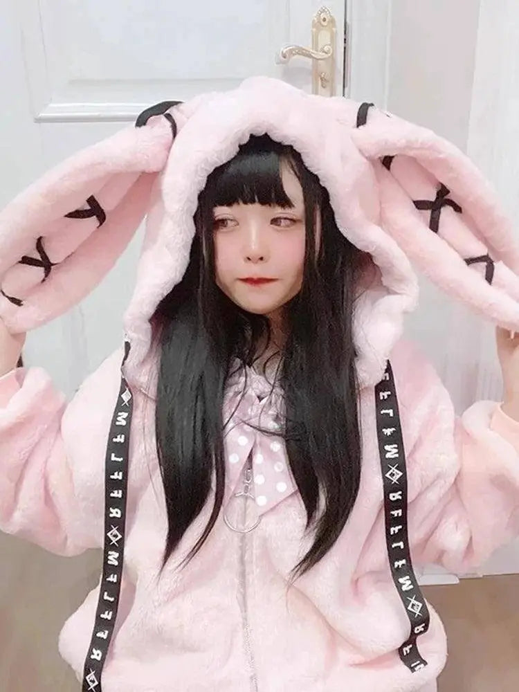 Lautaro Autumn Oversized Sweet Cute Soft Purple Black Faux Fur Coat Women with Bunny Ears Kawaii Loose Fluffy Jacket Hoodie 2025 Pink - Tophatter Daily Deals