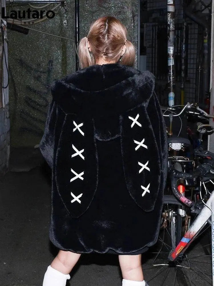 Lautaro Autumn Oversized Sweet Cute Soft Purple Black Faux Fur Coat Women with Bunny Ears Kawaii Loose Fluffy Jacket Hoodie 2025 Black - Tophatter Daily Deals
