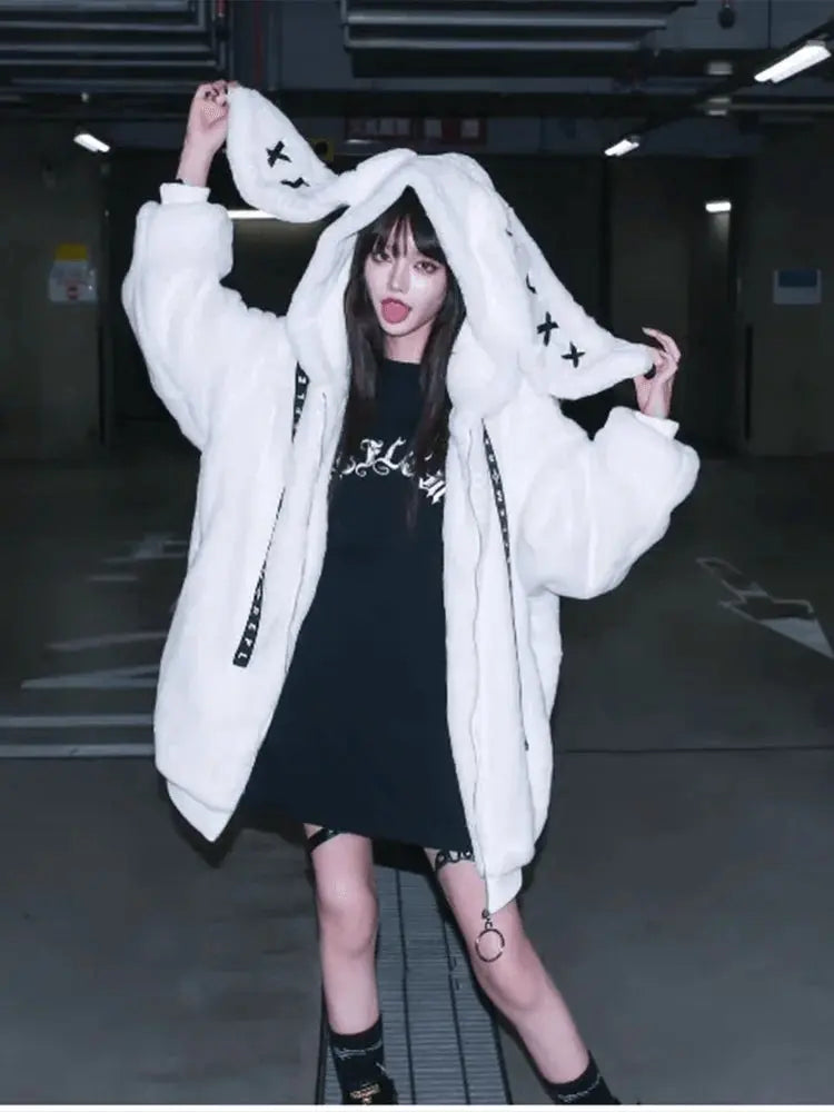 Lautaro Autumn Oversized Sweet Cute Soft Purple Black Faux Fur Coat Women with Bunny Ears Kawaii Loose Fluffy Jacket Hoodie 2025 White - Tophatter Daily Deals