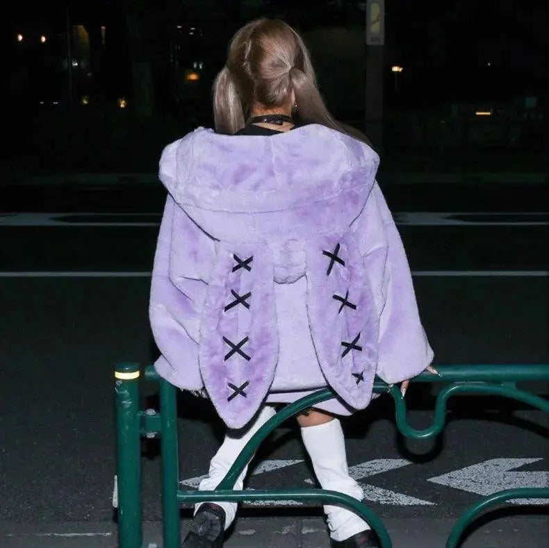 Lautaro Autumn Oversized Sweet Cute Soft Purple Black Faux Fur Coat Women with Bunny Ears Kawaii Loose Fluffy Jacket Hoodie 2025 - Tophatter Daily Deals
