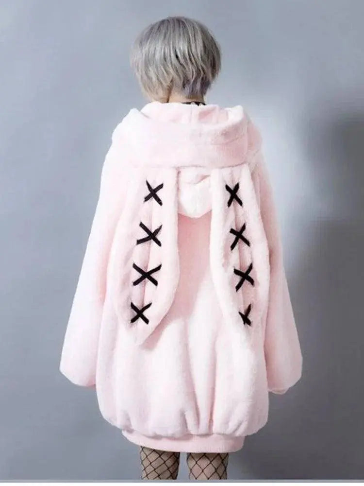 Lautaro Autumn Oversized Sweet Cute Soft Purple Black Faux Fur Coat Women with Bunny Ears Kawaii Loose Fluffy Jacket Hoodie 2025 - Tophatter Daily Deals