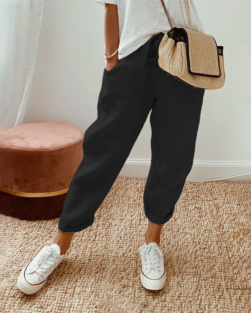 Lightweight women’s linen trousers – casual fit, breathable fabric, for everyday wear Black Women's trousers - Tophatter Daily Deals