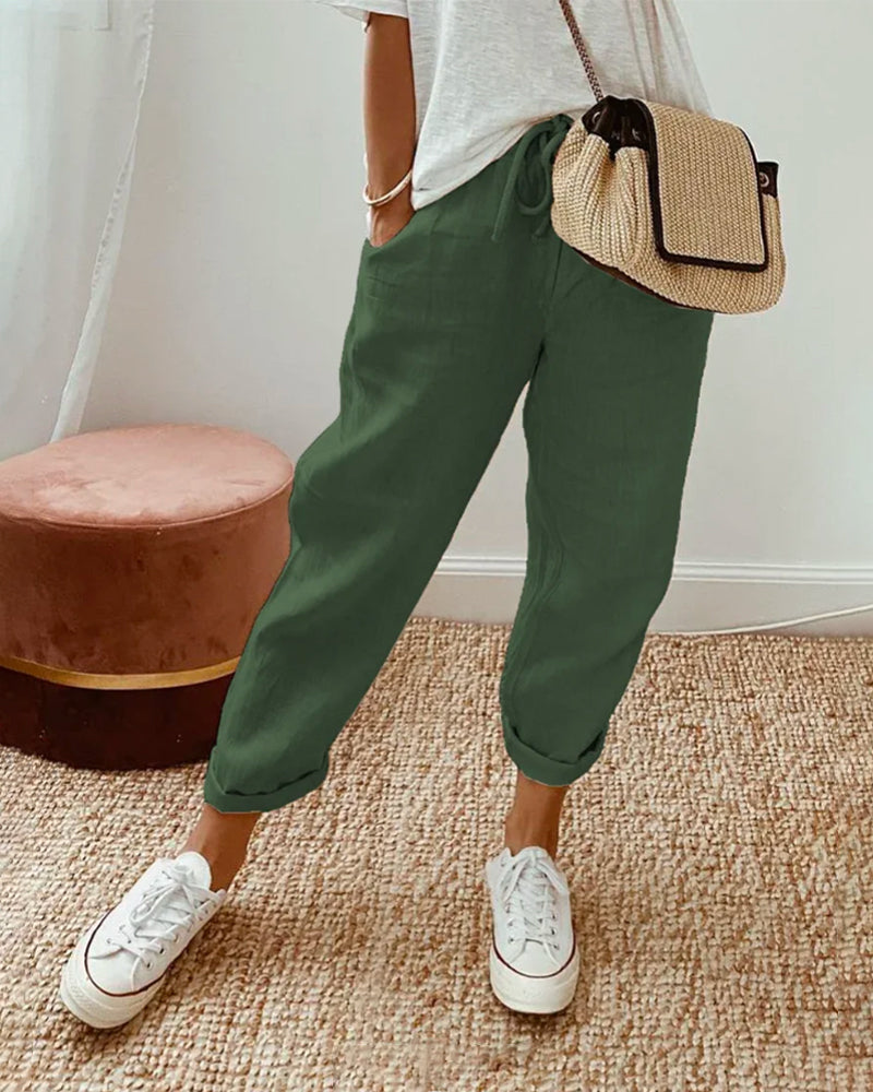Lightweight women’s linen trousers – casual fit, breathable fabric, for everyday wear Green Women's trousers - Tophatter Daily Deals