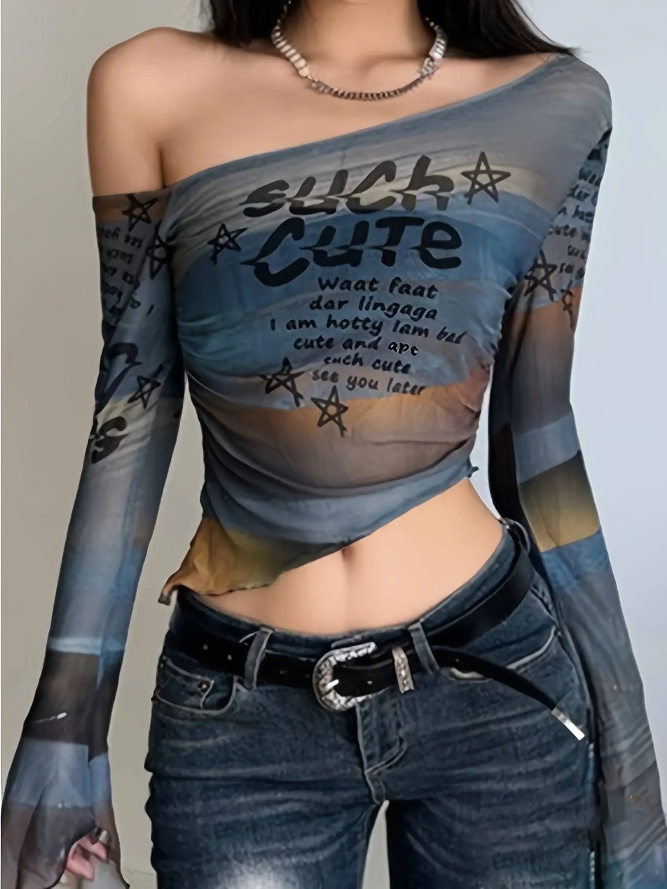 Letter Print Irregular Hem T-Shirt, Y2K Long Sleeve T-Shirt For Spring & Fall, Women's Clothing - Tophatter Daily Deals