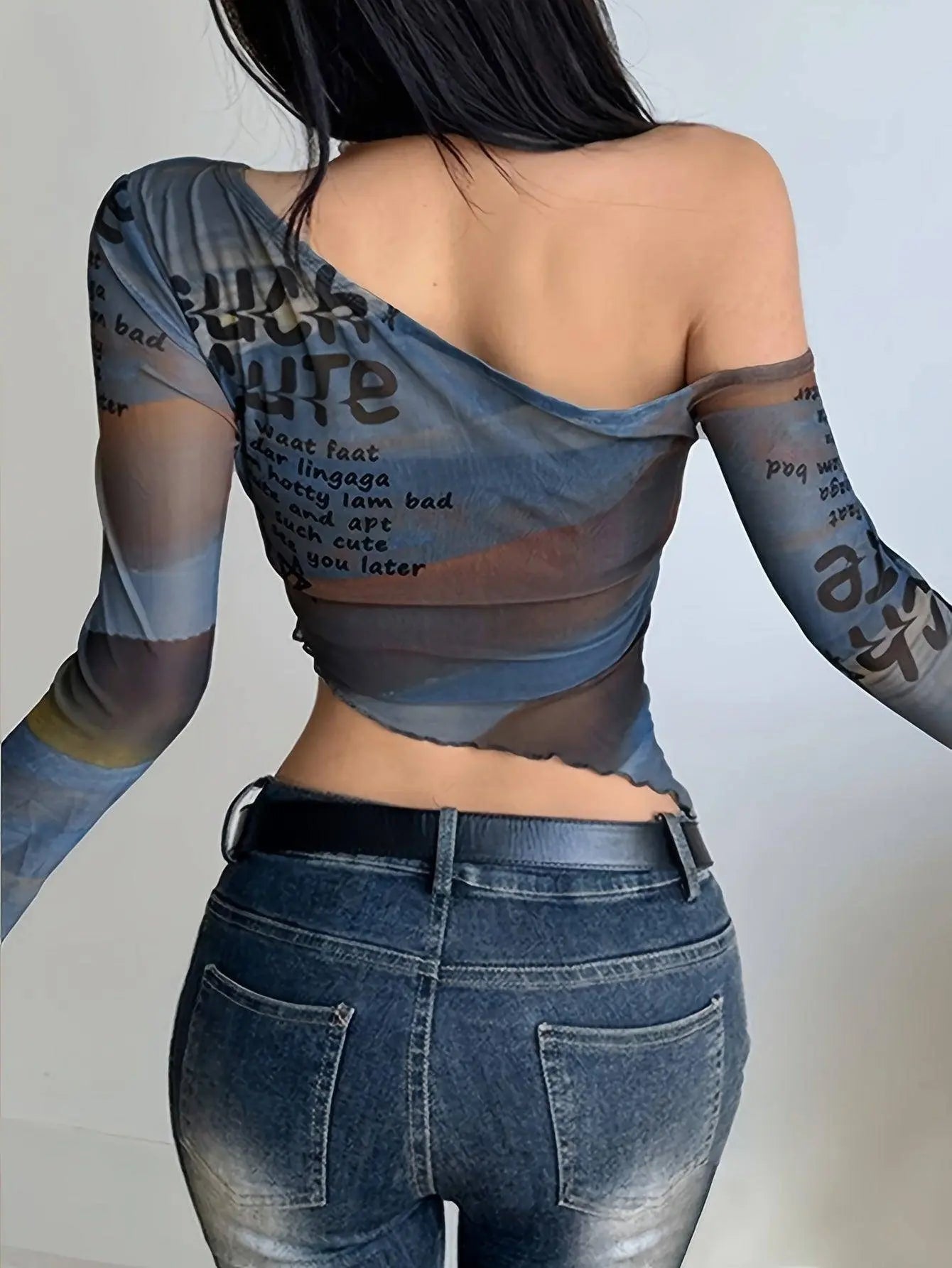 Letter Print Irregular Hem T-Shirt, Y2K Long Sleeve T-Shirt For Spring & Fall, Women's Clothing - Tophatter Daily Deals