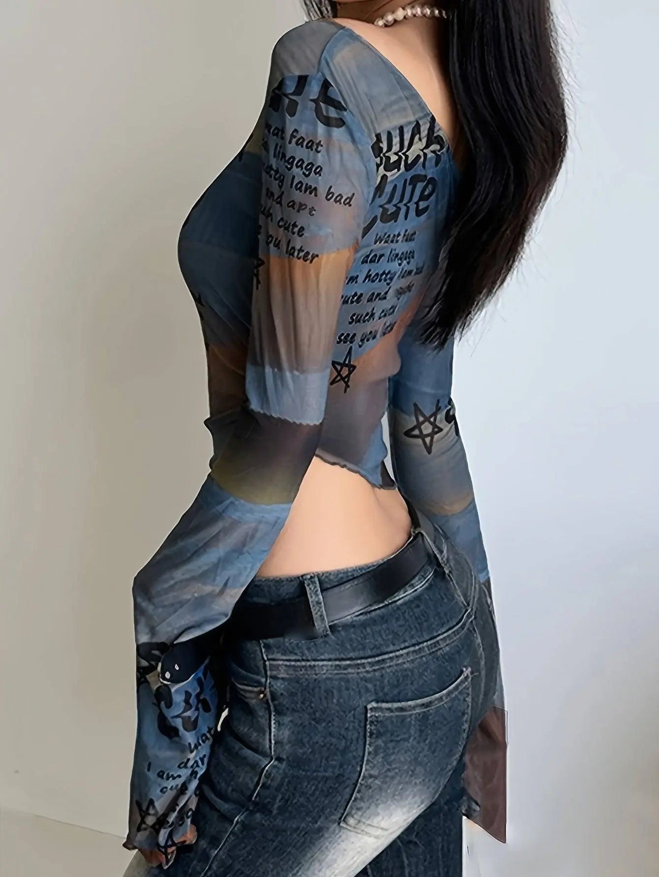 Letter Print Irregular Hem T-Shirt, Y2K Long Sleeve T-Shirt For Spring & Fall, Women's Clothing - Tophatter Daily Deals