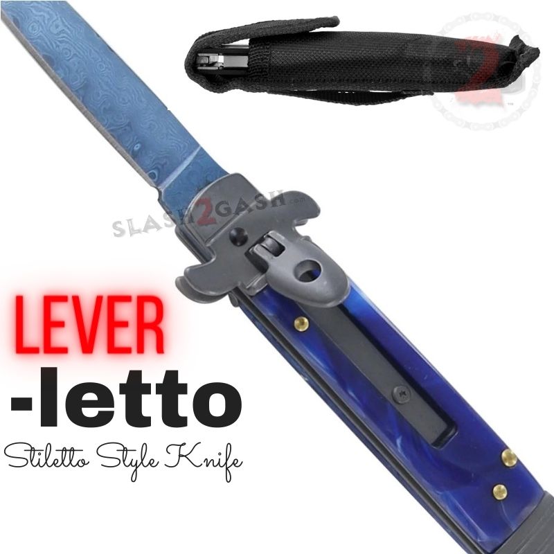 Leverletto Blue Marble Automatic Knife Damascus Switchblade - Lever Lock Knife-Auto - Tophatter Daily Deals