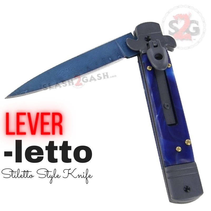 Leverletto Blue Marble Automatic Knife Damascus Switchblade - Lever Lock Knife-Auto - Tophatter Daily Deals