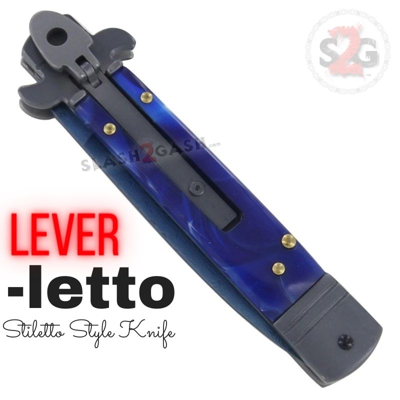 Leverletto Blue Marble Automatic Knife Damascus Switchblade - Lever Lock Knife-Auto - Tophatter Daily Deals