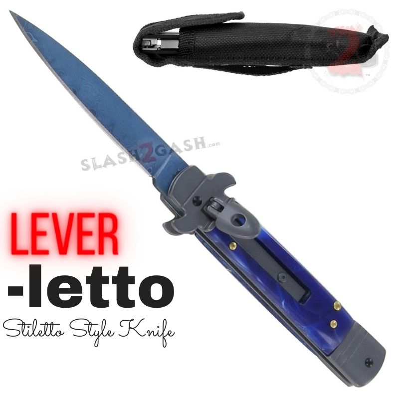 Leverletto Blue Marble Automatic Knife Damascus Switchblade - Lever Lock Blue Damascus Knife-Auto - Tophatter Daily Deals