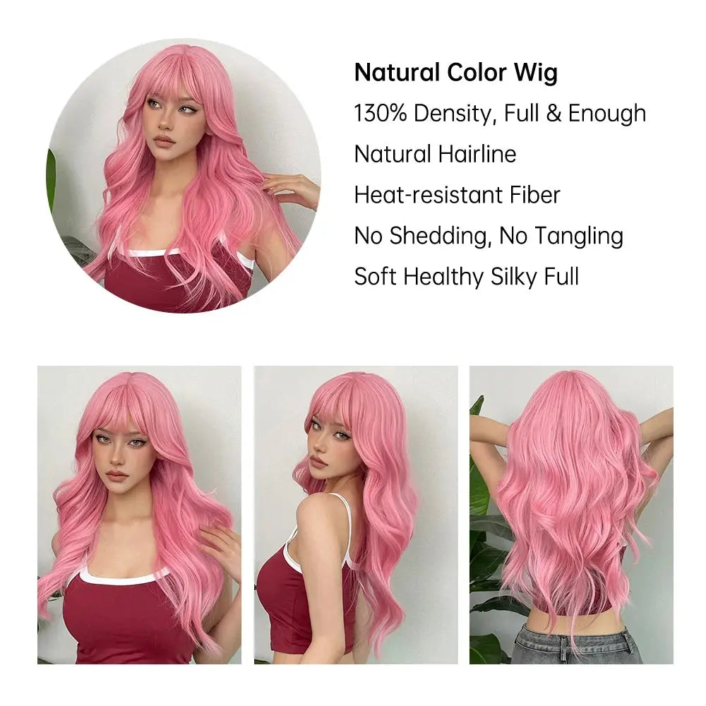 Light Pink Long Wavy Cosplay Synthetic Hair Wigs with Bangs for White Women Afro Lolita Water Wave Halloween Heat Reisitant Wig - Tophatter Daily Deals