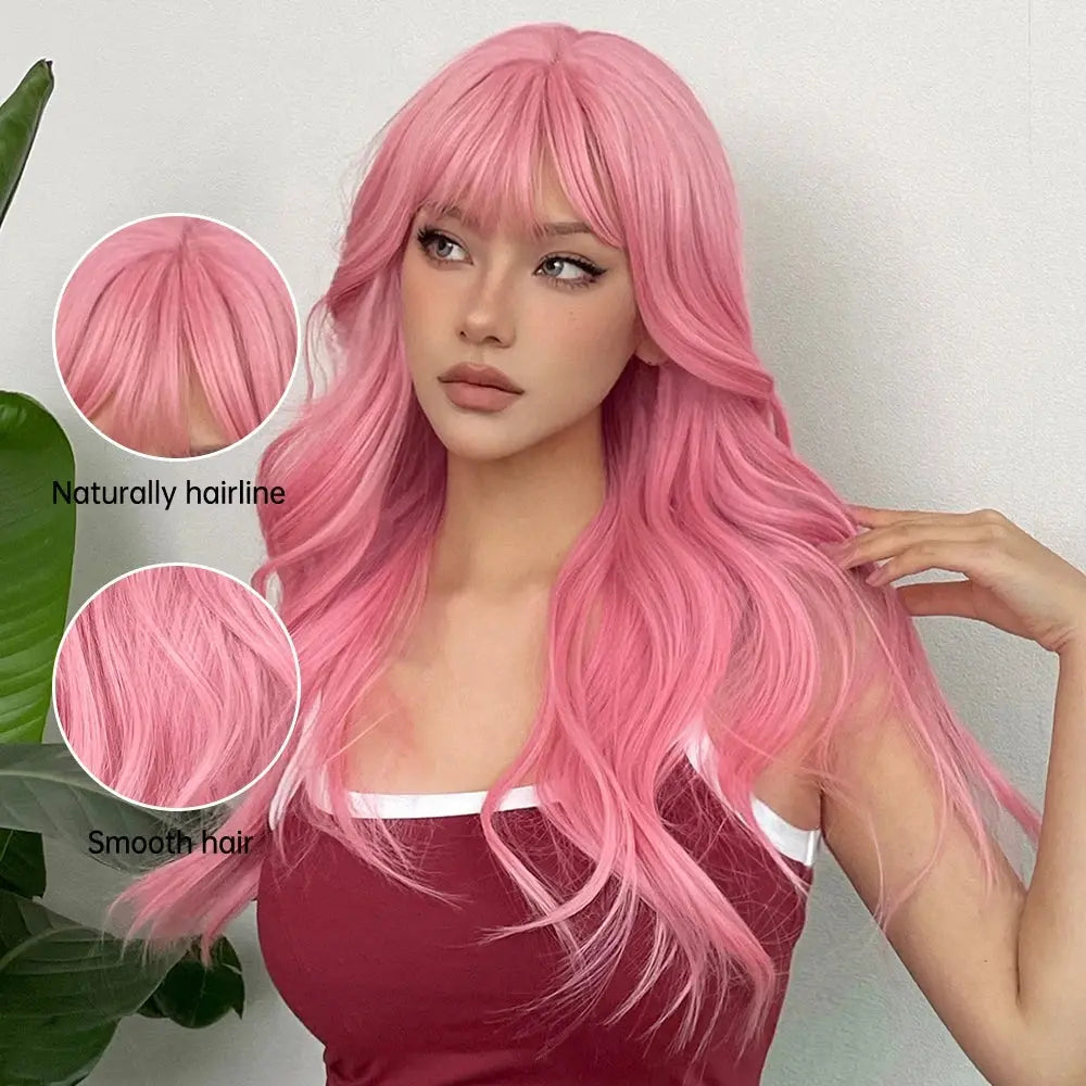 Light Pink Long Wavy Cosplay Synthetic Hair Wigs with Bangs for White Women Afro Lolita Water Wave Halloween Heat Reisitant Wig - Tophatter Daily Deals