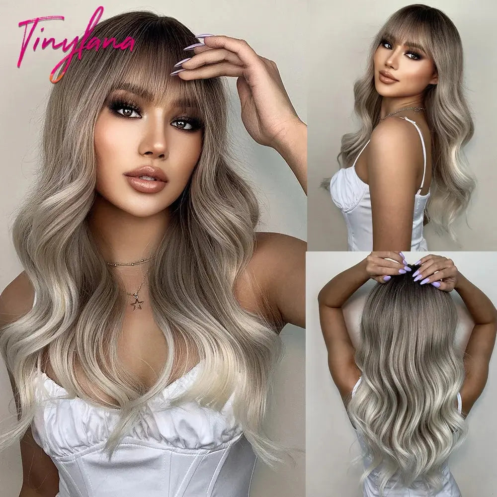 Light Pink Long Wavy Cosplay Synthetic Hair Wigs with Bangs for White Women Afro Lolita Water Wave Halloween Heat Reisitant Wig - Tophatter Daily Deals