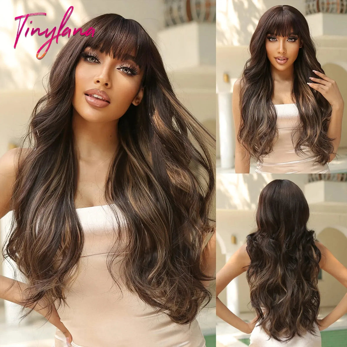 Light Pink Long Wavy Cosplay Synthetic Hair Wigs with Bangs for White Women Afro Lolita Water Wave Halloween Heat Reisitant Wig - Tophatter Daily Deals