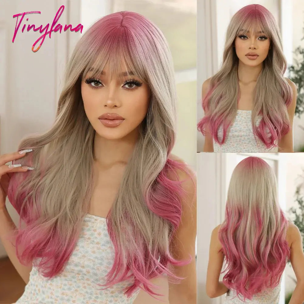 Light Pink Long Wavy Cosplay Synthetic Hair Wigs with Bangs for White Women Afro Lolita Water Wave Halloween Heat Reisitant Wig - Tophatter Daily Deals