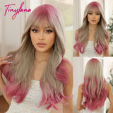 Light Pink Long Wavy Cosplay Synthetic Hair Wigs with Bangs for White Women Afro Lolita Water Wave Halloween Heat Reisitant Wig - Tophatter Daily Deals
