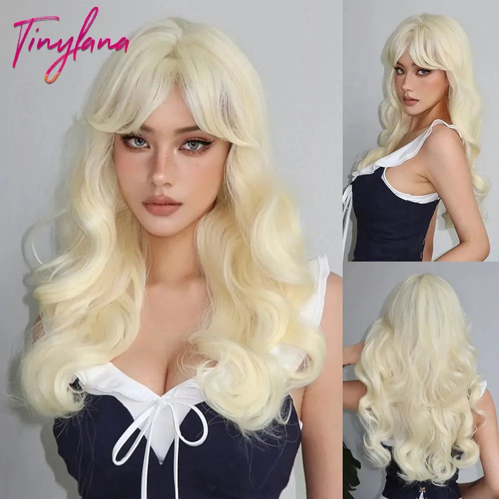 Light Pink Long Wavy Cosplay Synthetic Hair Wigs with Bangs for White Women Afro Lolita Water Wave Halloween Heat Reisitant Wig - Tophatter Daily Deals