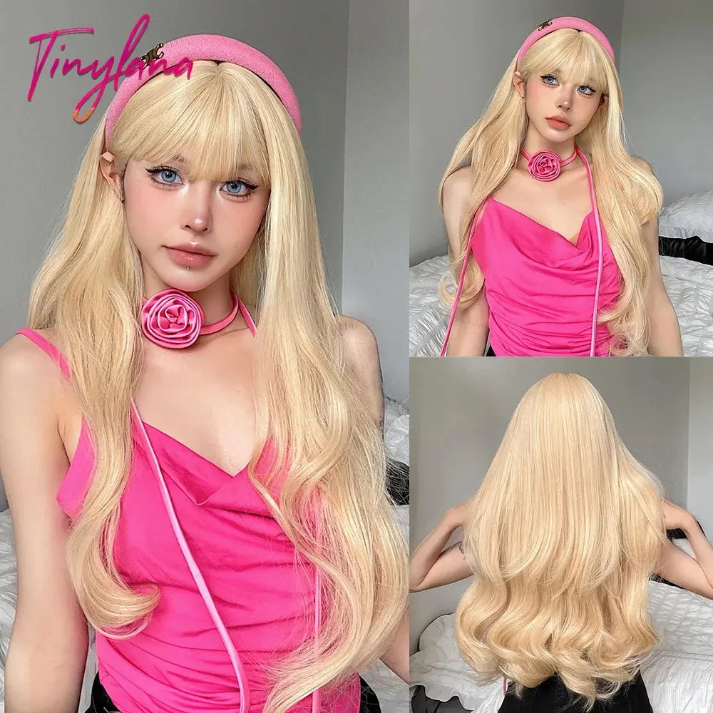 Light Pink Long Wavy Cosplay Synthetic Hair Wigs with Bangs for White Women Afro Lolita Water Wave Halloween Heat Reisitant Wig - Tophatter Daily Deals