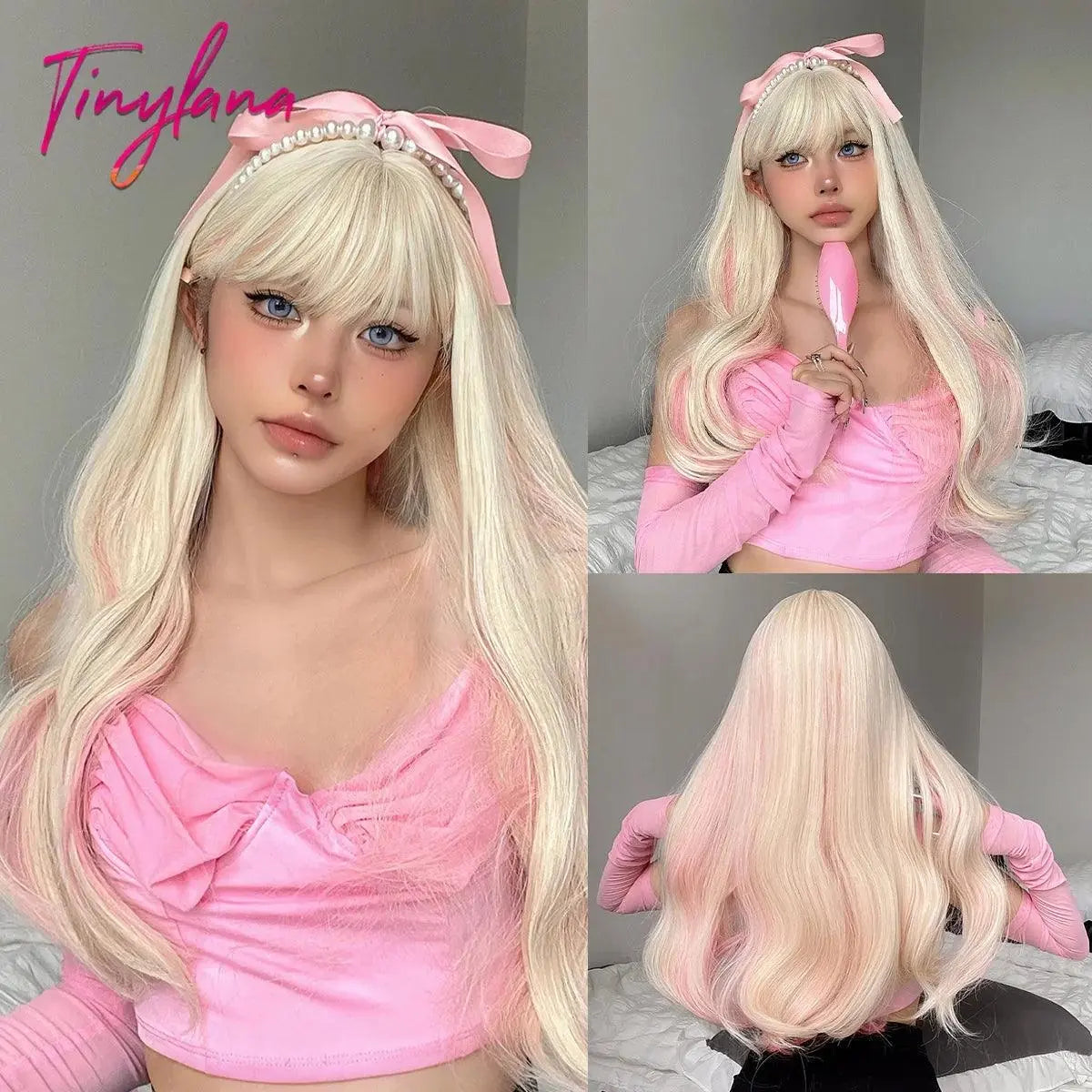 Light Pink Long Wavy Cosplay Synthetic Hair Wigs with Bangs for White Women Afro Lolita Water Wave Halloween Heat Reisitant Wig - Tophatter Daily Deals