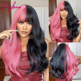 Light Pink Long Wavy Cosplay Synthetic Hair Wigs with Bangs for White Women Afro Lolita Water Wave Halloween Heat Reisitant Wig - Tophatter Daily Deals