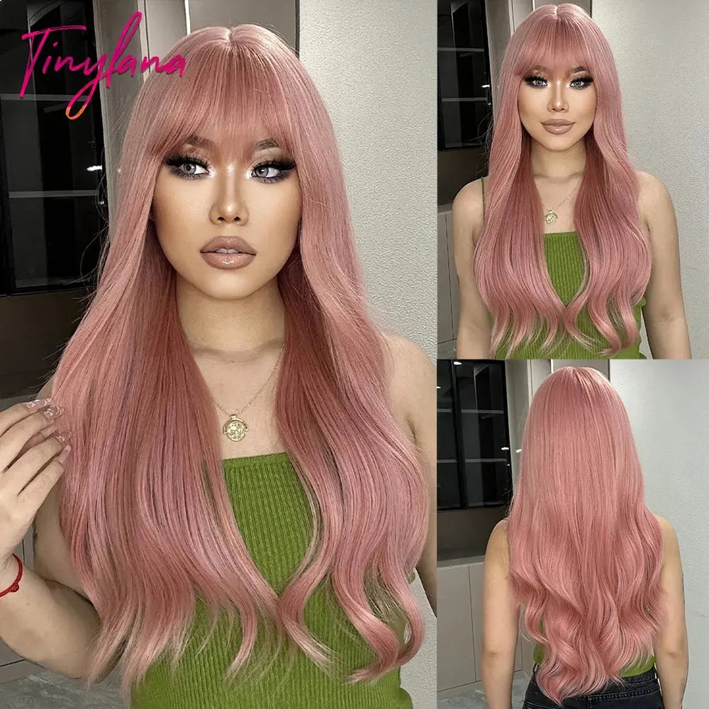 Light Pink Long Wavy Cosplay Synthetic Hair Wigs with Bangs for White Women Afro Lolita Water Wave Halloween Heat Reisitant Wig - Tophatter Daily Deals