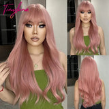 Light Pink Long Wavy Cosplay Synthetic Hair Wigs with Bangs for White Women Afro Lolita Water Wave Halloween Heat Reisitant Wig - Tophatter Daily Deals