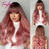 Light Pink Long Wavy Cosplay Synthetic Hair Wigs with Bangs for White Women Afro Lolita Water Wave Halloween Heat Reisitant Wig - Tophatter Daily Deals