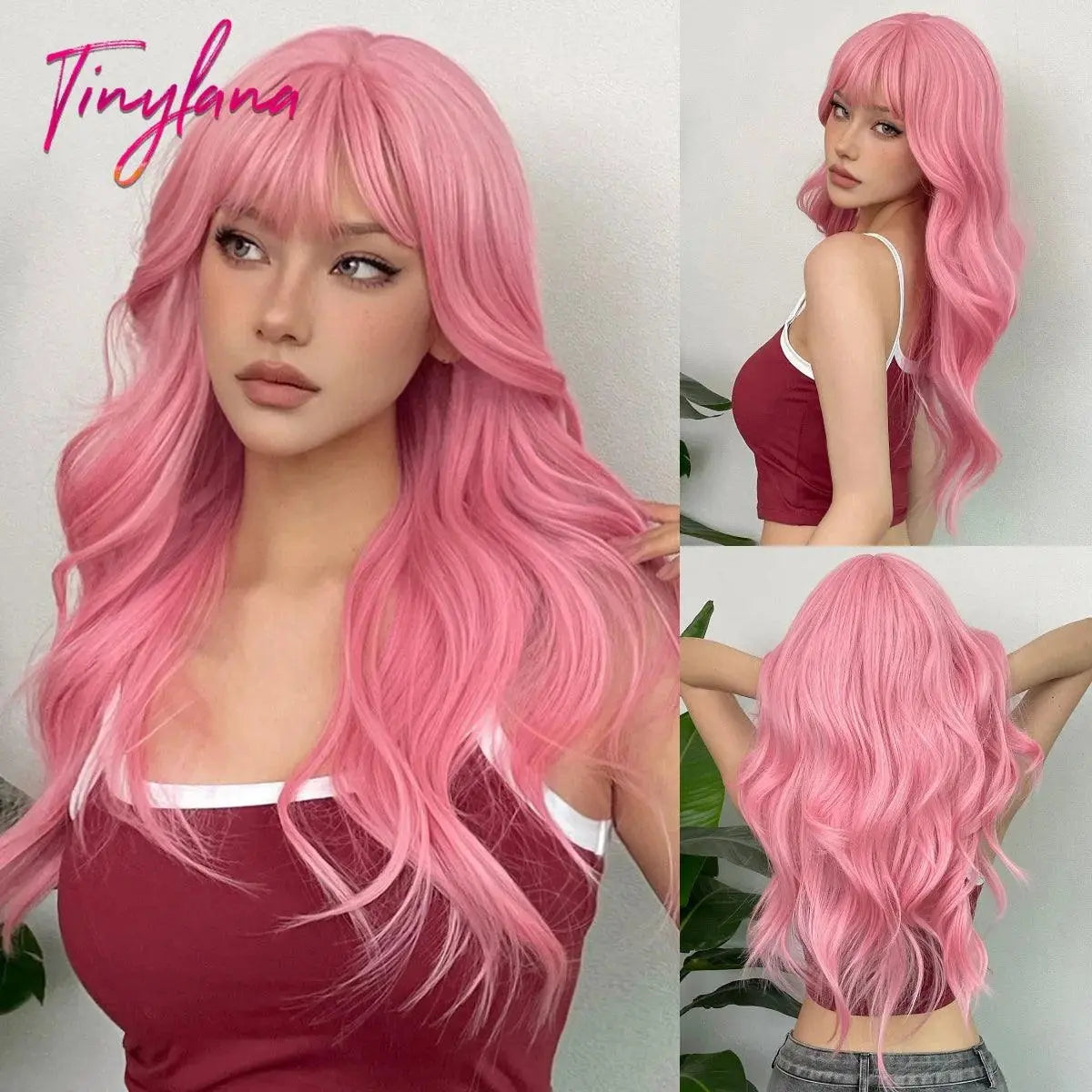 Light Pink Long Wavy Cosplay Synthetic Hair Wigs with Bangs for White Women Afro Lolita Water Wave Halloween Heat Reisitant Wig - Tophatter Daily Deals