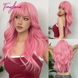 Light Pink Long Wavy Cosplay Synthetic Hair Wigs with Bangs for White Women Afro Lolita Water Wave Halloween Heat Reisitant Wig - Tophatter Daily Deals
