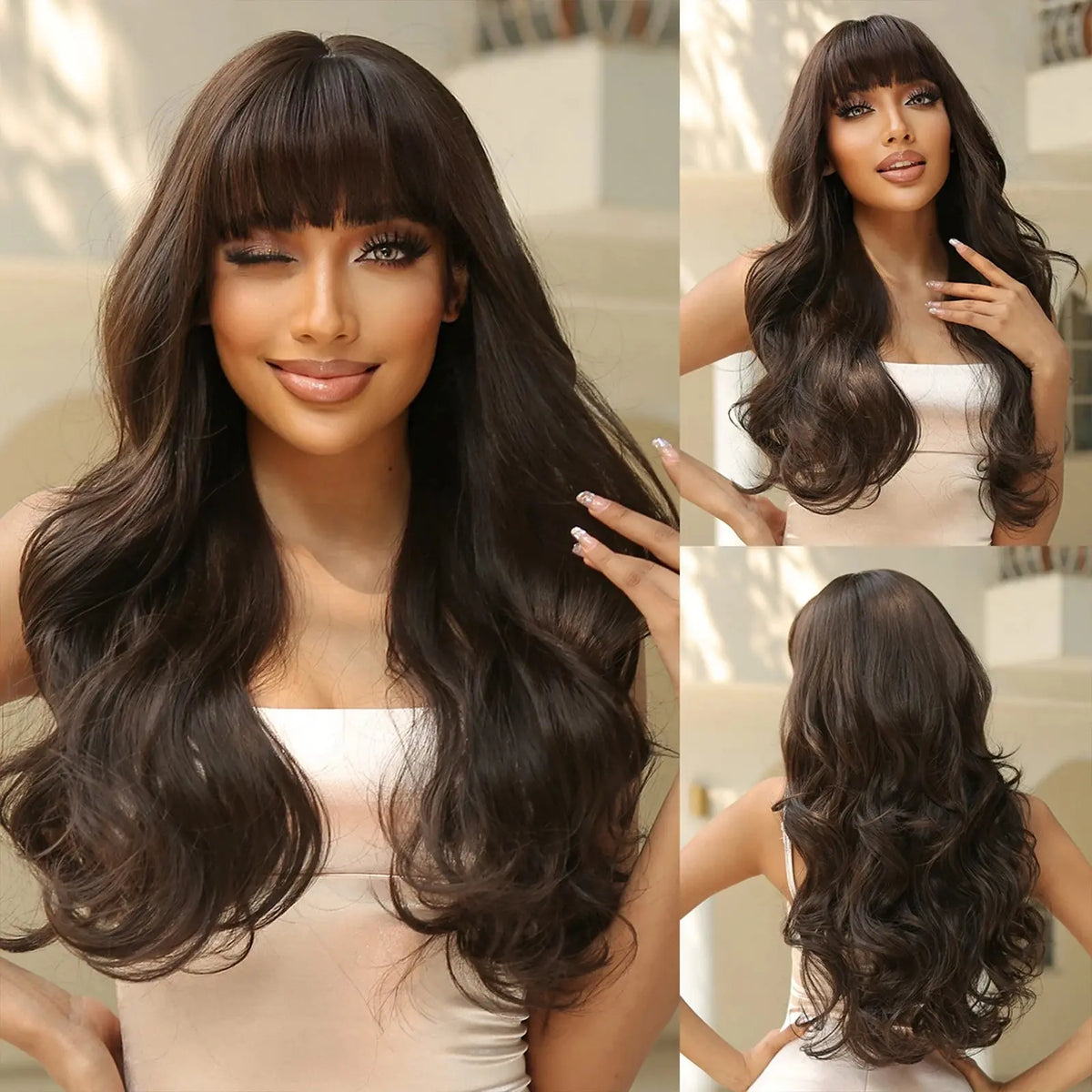 Light Pink Long Wavy Cosplay Synthetic Hair Wigs with Bangs for White Women Afro Lolita Water Wave Halloween Heat Reisitant Wig - Tophatter Daily Deals